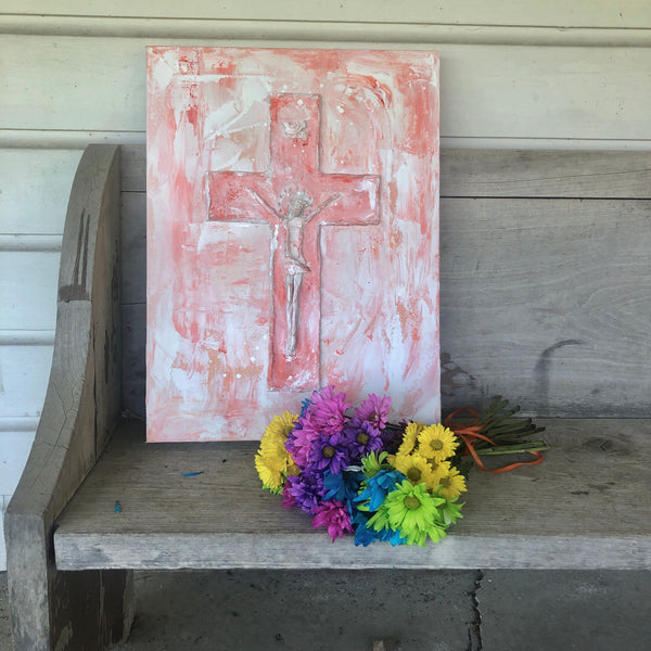 Redemption – Original Sculpted Clay & Acrylic Cross Art | 16x20