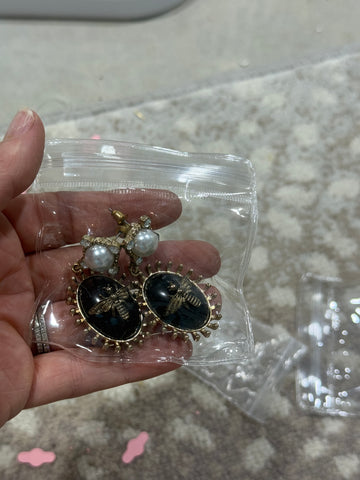 Vintage Gold Pearl with Bee and Black Stone Post Drop Earrings