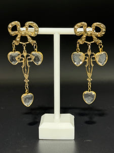 Vintage Large Gold And Crystal Heart Post Drop Earrings