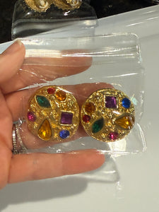 Vintage Large Round Gold Acrylic Colorful Cabochon Clip On Earrings