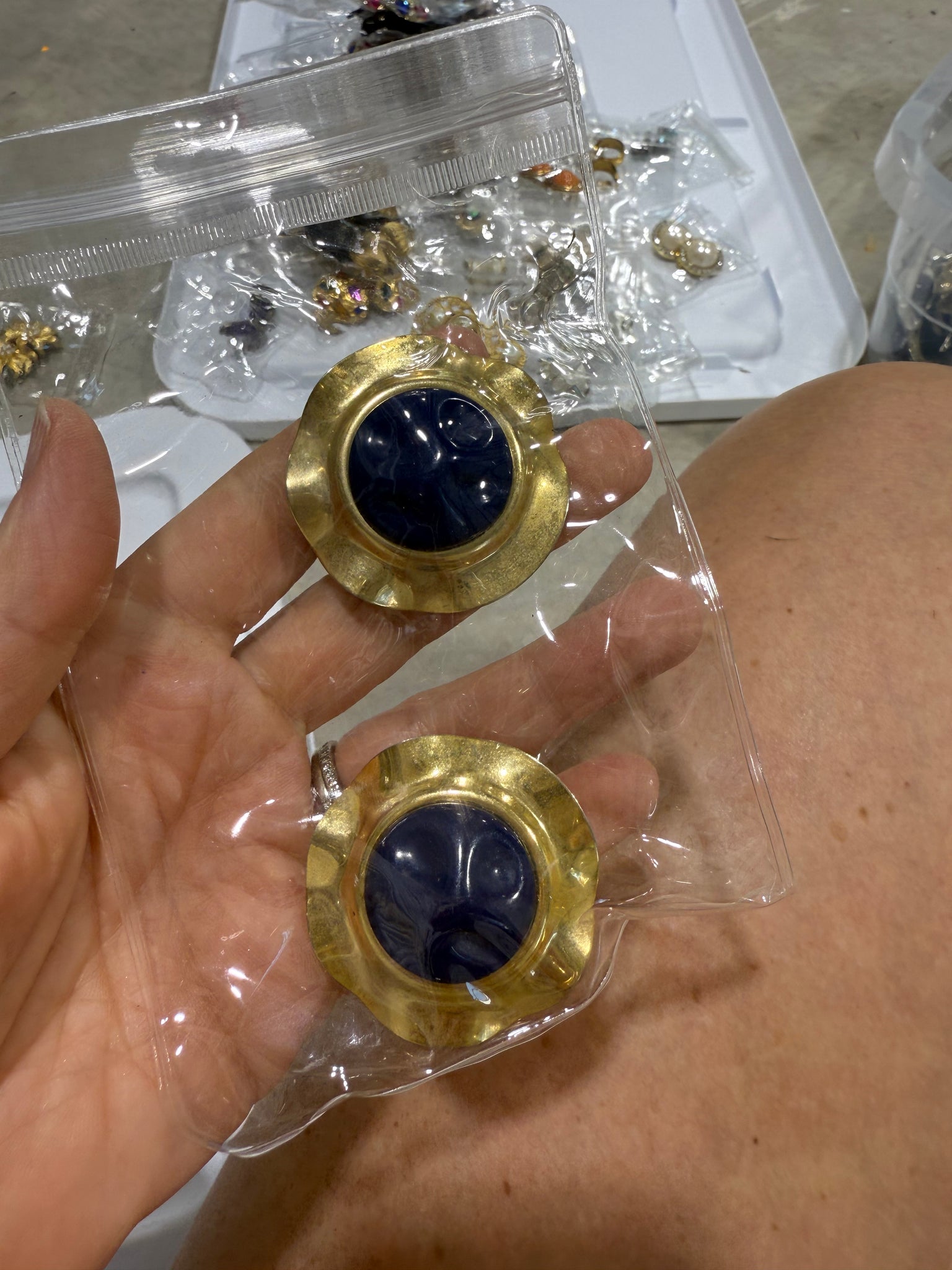 Vintage Large Round Wavy Gold Clip On Earrings With Blue Cabochon Center