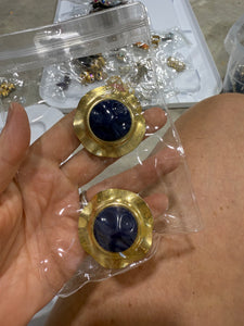 Vintage Large Round Wavy Gold Clip On Earrings With Blue Cabochon Center