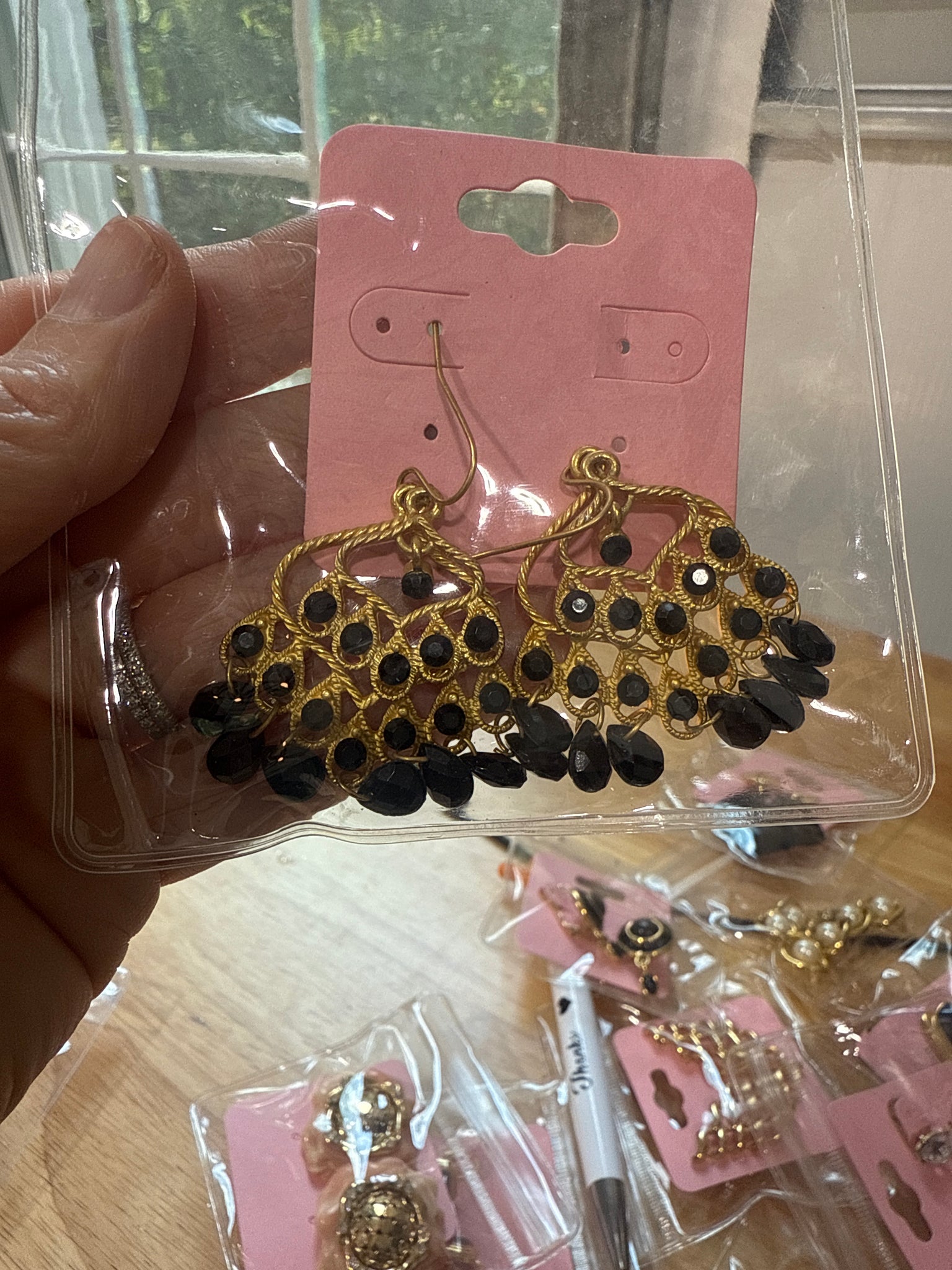 Vintage Heavy Matte Gold Black Glass Beaded Chandelier Earrings