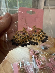 Vintage Heavy Matte Gold Black Glass Beaded Chandelier Earrings