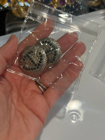Vintage Heavy Round Silver CZ with Blue CZ Anchor Clip On Earrings