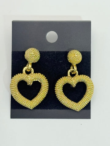 Vintage Gold Textured Heart Drop Post Earrings