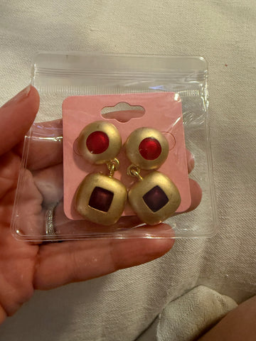 Vintage Matte Gold With Colorful Gem Costume Post Drop Earrings