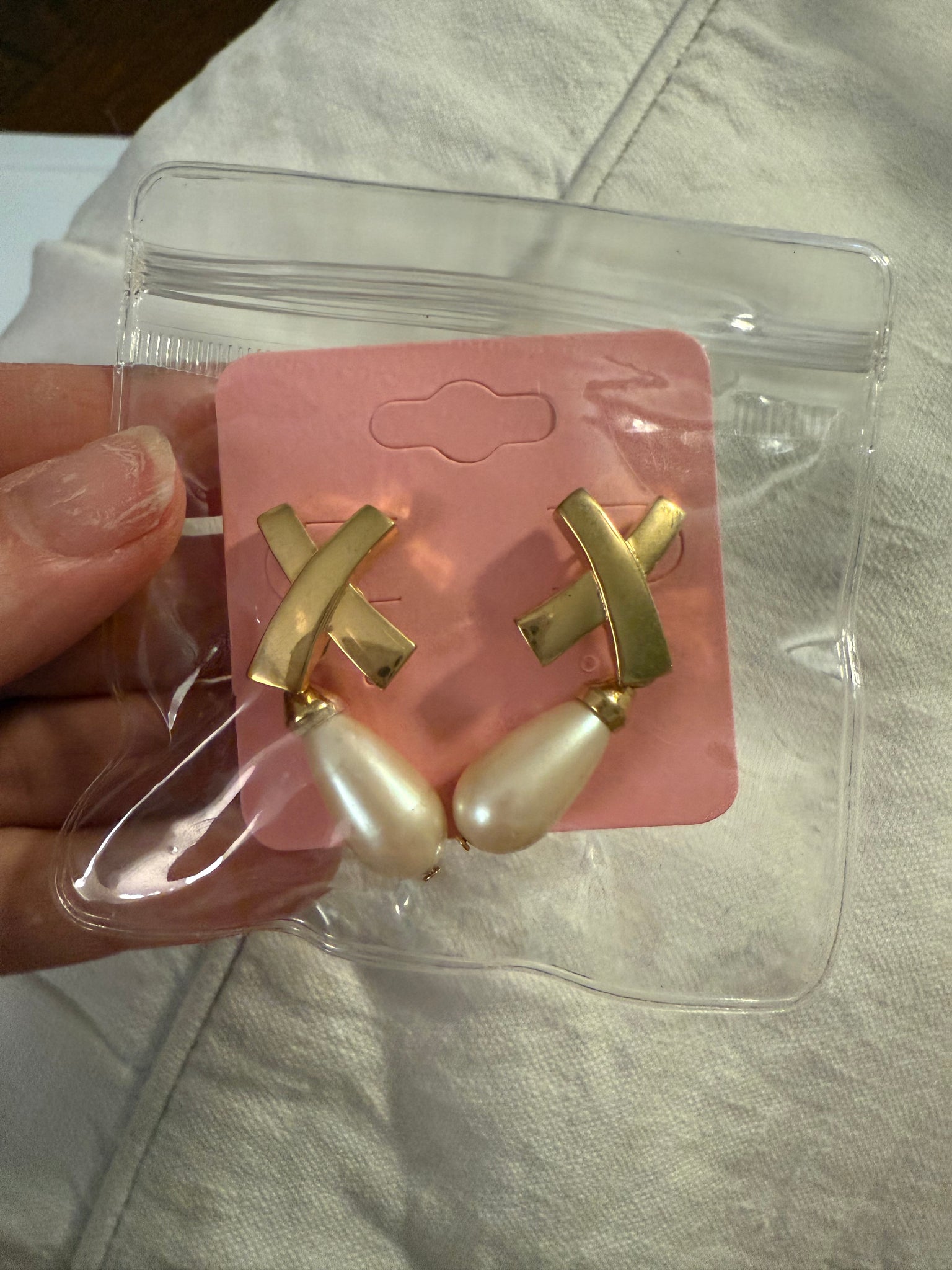 Vintage Gold X Drop Pearl Post Earrings