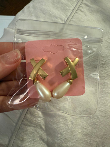 Vintage Gold X Drop Pearl Post Earrings