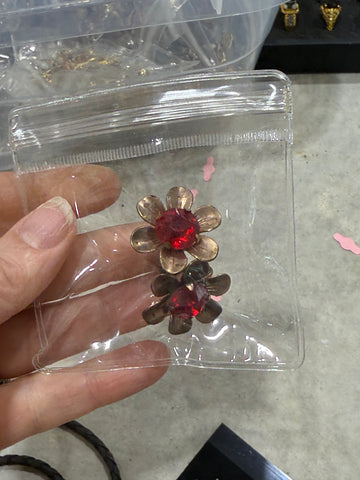 Vintage Copper Flower with red Gem Center Screw Back Earrings