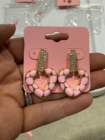 Vintage Pink Enameled Gold CZ Heart Drop Post Earrings