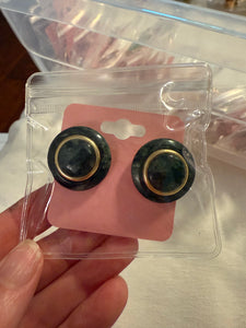 Vintage Round Emerald Marble Print Gold Post Earrings