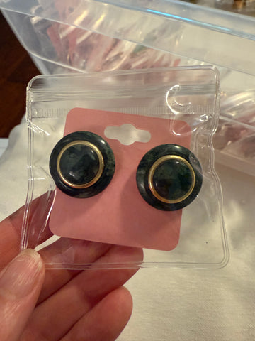 Vintage Round Emerald Marble Print Gold Post Earrings