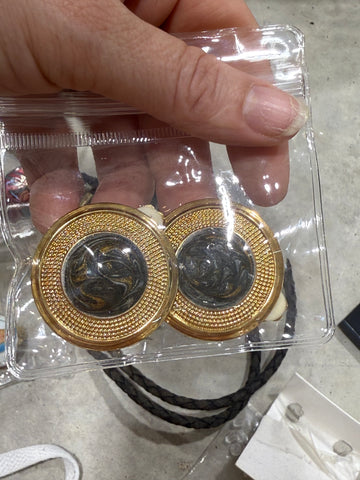 Vintage Round Gold Clip On Earrings With Black Acrylic Center
