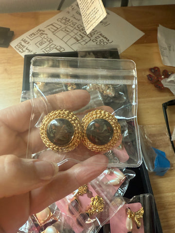 Vintage Heavy Gold Round Clip On Earrings With Acrylic Cabochons