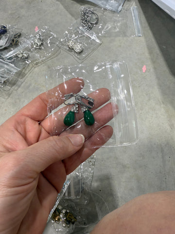 Vintage Rhinestone Jade Drop Clip On Earrings