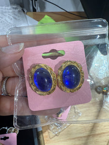 Vintage Gold and Blue Cabochon Post Earrings