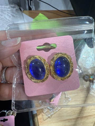 Vintage Gold and Blue Cabochon Post Earrings
