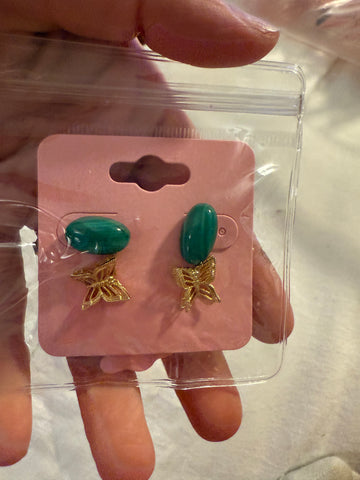 Vintage Set Of Stud Post Earrings-Gold Butterfly and Green Enamel