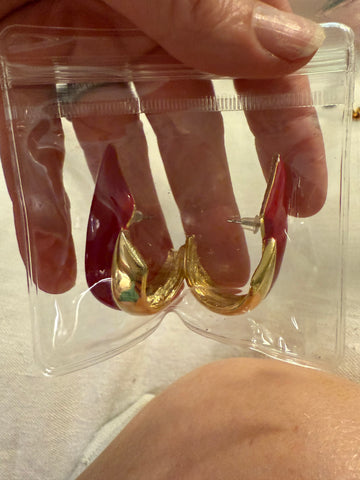 Vintage Large Gold and Red Enamel Post Back Earrings