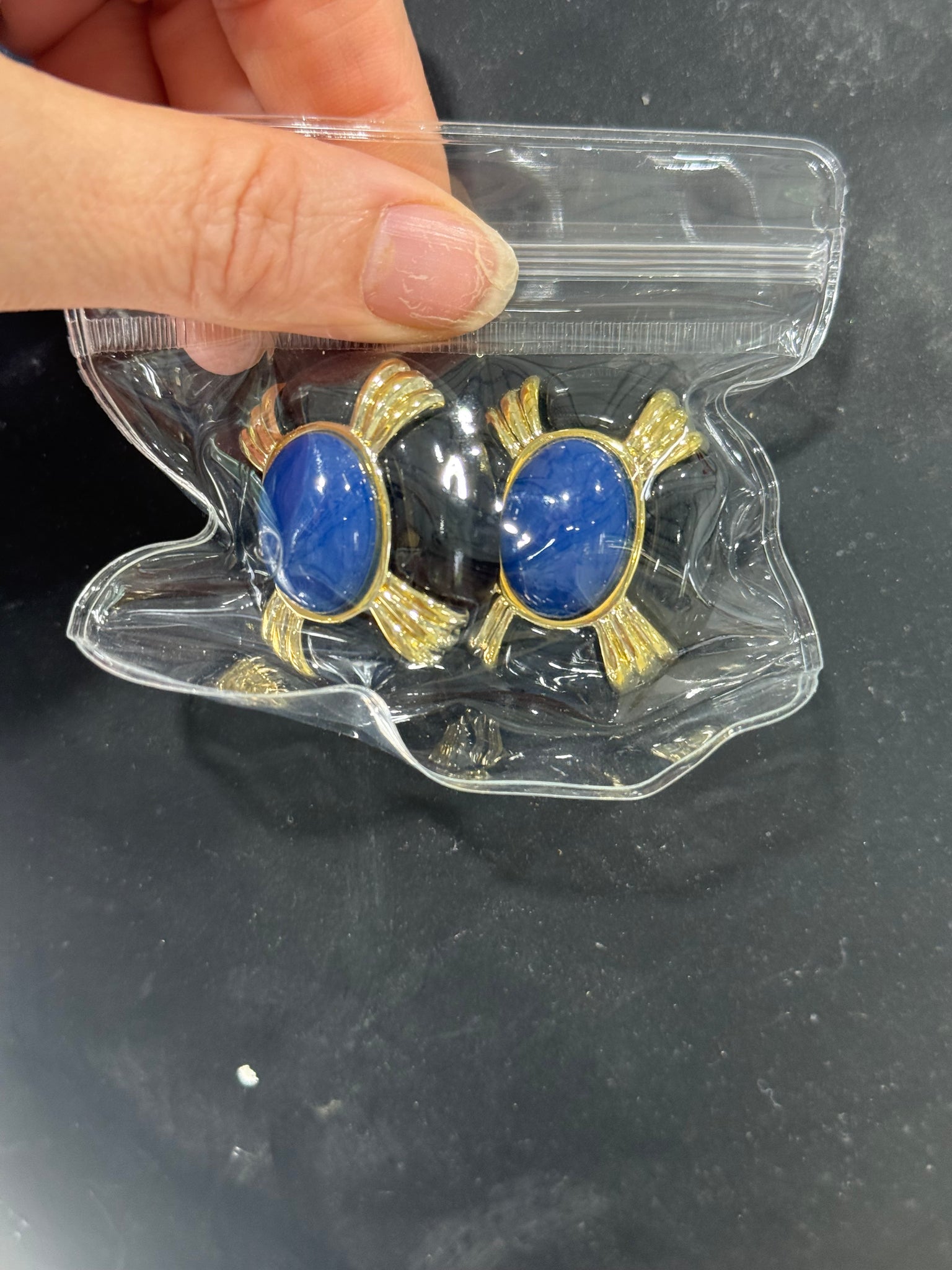 Vintage Large Black Gold with Blue Cabochon Acrylic Clip On Earrings