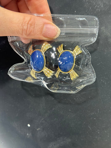 Vintage Large Black Gold with Blue Cabochon Acrylic Clip On Earrings