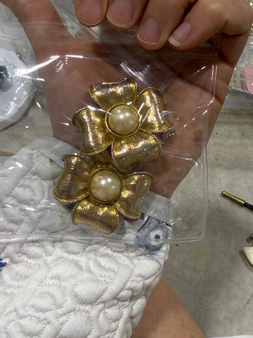Vintage Large Flower Clip On Earrings With Pearl Center