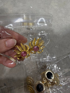 Vintage Trifari Gold Flower Clip On Earrings Pink Rhinestones