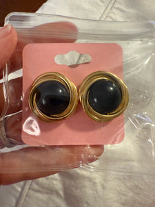 Vintage Round Trifari Gold Post Earrings with Black Cabochon Center