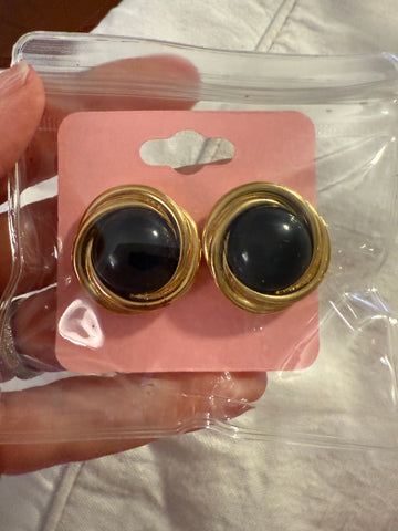 Vintage Round Trifari Gold Post Earrings with Black Cabochon Center