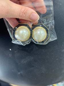 Vintage Large Gold Black Octagon And Pearl Clip On Earrings
