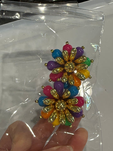 Vintage Large Gold and Colorful Beaded Flower Clip On Earrings