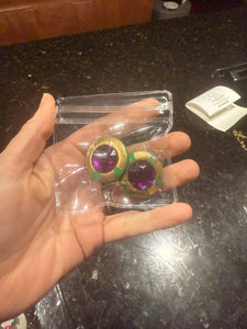 Vintage Round Gold and Green with Purple Cabochon. post Earrings