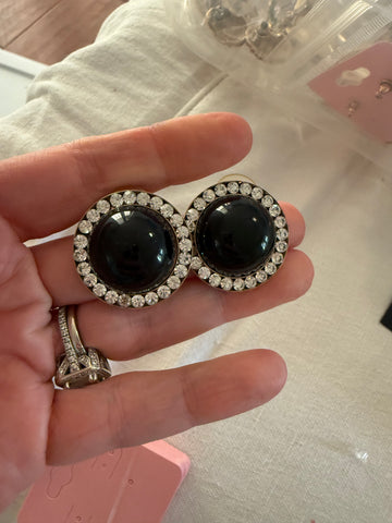 Vintage Large Black Acrylic with CZ Accent Post Earrings