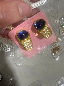 Vintage Joan Rivers Gold Clip On Earrings With Blue Cabachon and Crystals