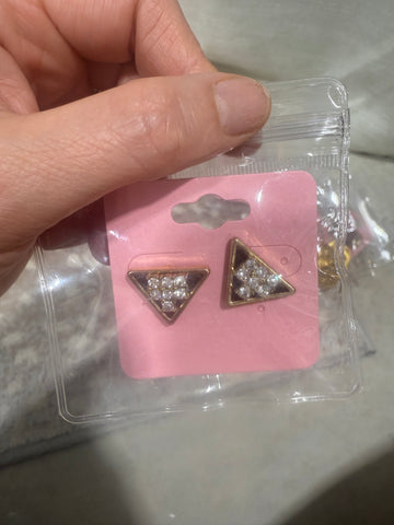 Vintage Black Triangle Stud With Rhinestone Post Earrings