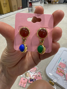 Gold Heavy Colorful Cabochon Drop Post Earrings