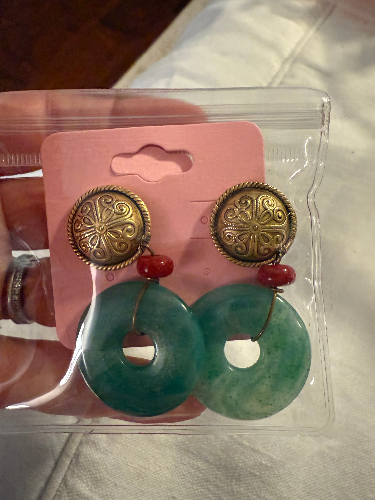 Vintage Gold with Green Circular Lucite Drop Post Earrings