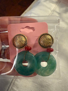 Vintage Gold with Green Circular Lucite Drop Post Earrings
