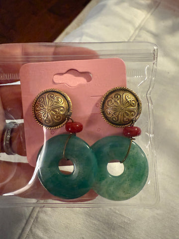 Vintage Gold with Green Circular Lucite Drop Post Earrings
