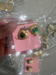Vintage Gold Heart Clip On Earrings With Green Crystal Center