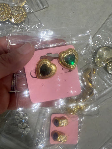 Vintage Gold Heart Clip On Earrings With Green Crystal Center