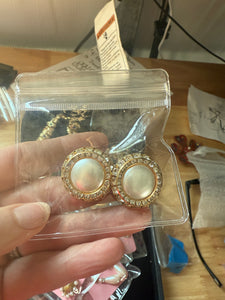 Vintage Round CZ and Pearl Stud Clip On Earrings