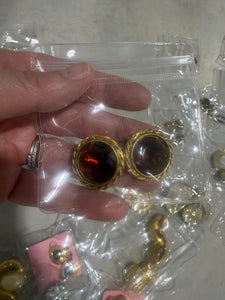Vintage Gold Round Clip On Earrings With Amber Gem Stone