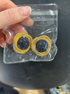 Vintage  Heavy Gold Clip On Earrings With Black Blue Cabochon Center