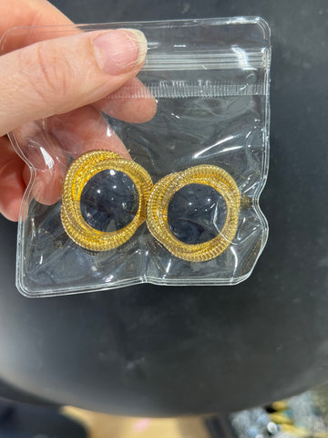 Vintage  Heavy Gold Clip On Earrings With Black Blue Cabochon Center
