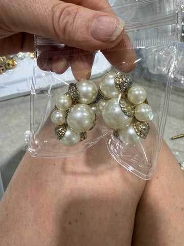 Vintage Pearl And Antique Gold Cluster Clip On Earrings
