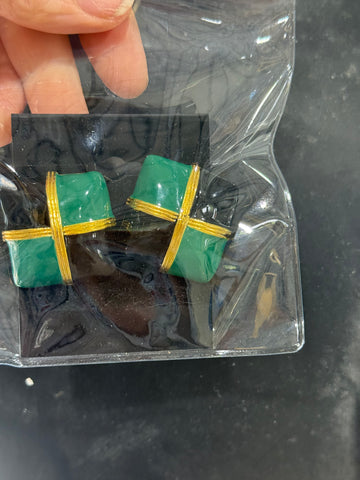 Vintage Black Green and Gokd Square Present Clip On Earrings