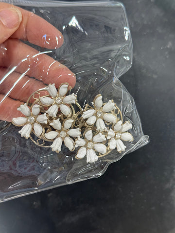Vintage Gold and White enamel Flower Clio On Earrings