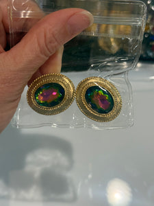 Vintage Heavy Gold Clip Ons Earrings With Rainbow Gem Centef